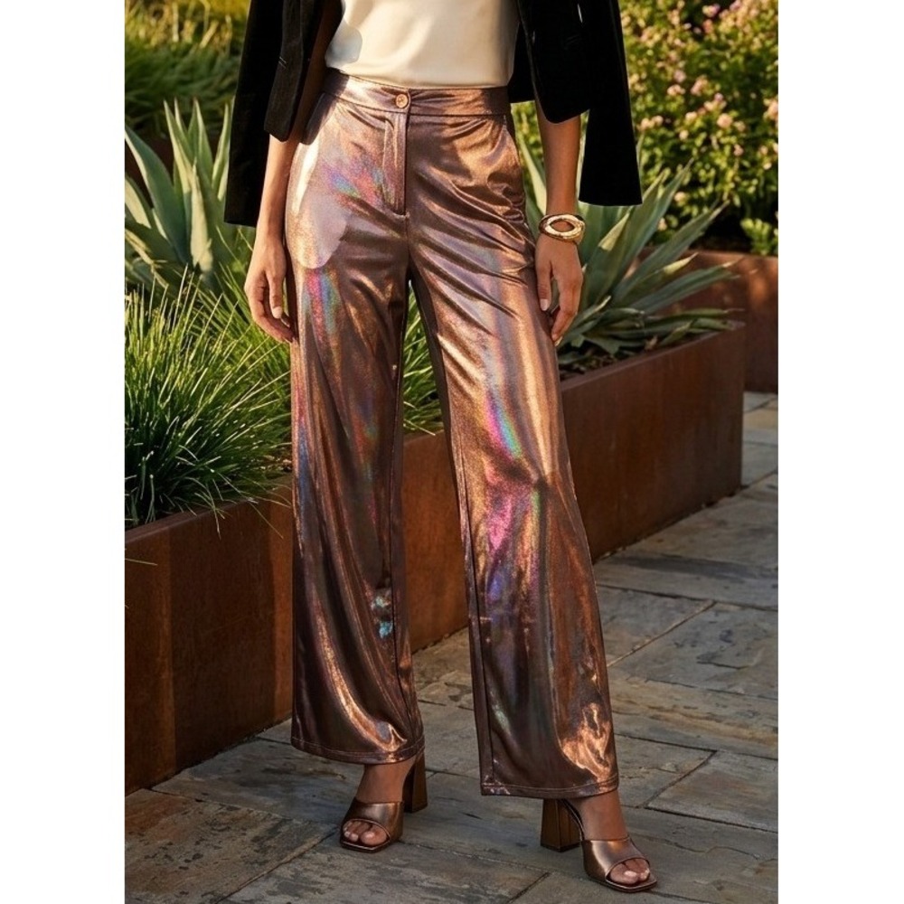 Sincerely Jules Metallic Wide Leg Trouser Pants Womens L Party Stretch High Rise